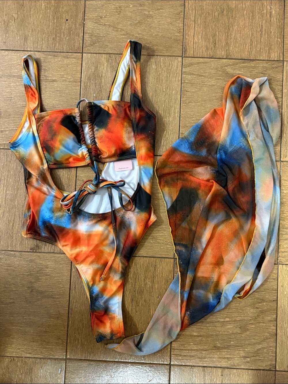 Micas Tie Dye Print Mesh Cutout Tied Monokini and Matching Sarong
